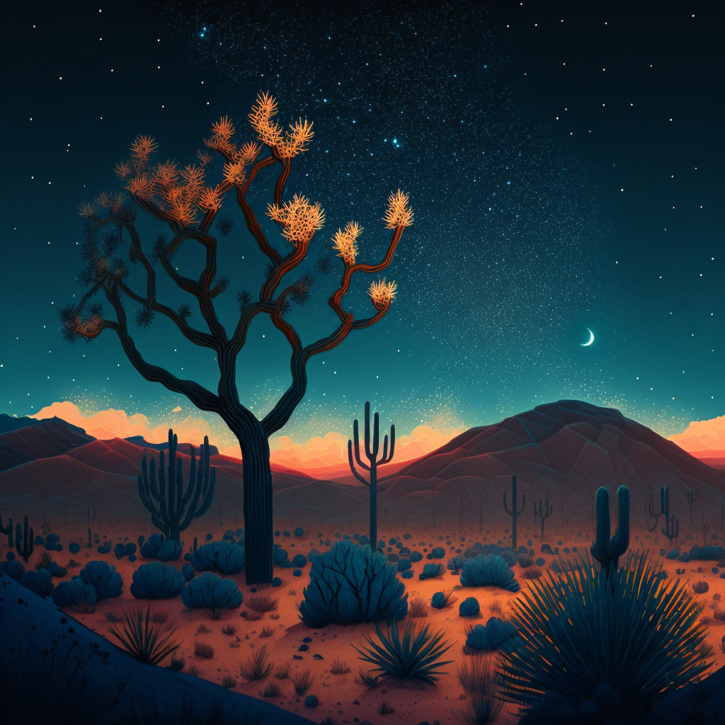 illustration of a desert at dusk with stars in the sky