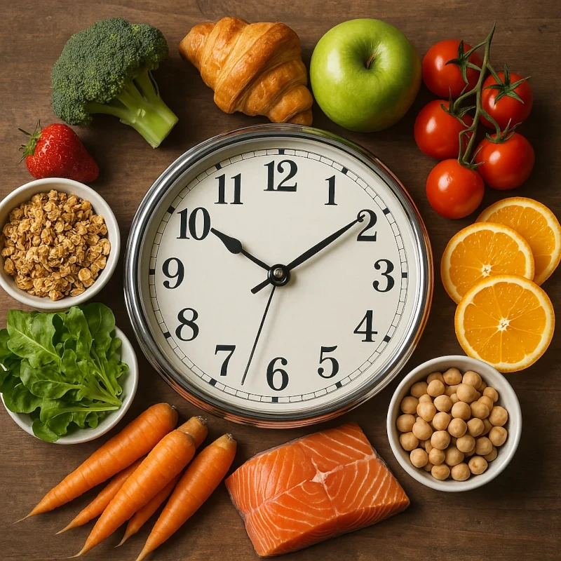 Photo of a clock with food items surrounding it